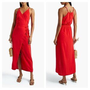Vix Paula Hermanny Cyndi Wrap Midi Dress Women’s Size Large Red Crinkled Voile